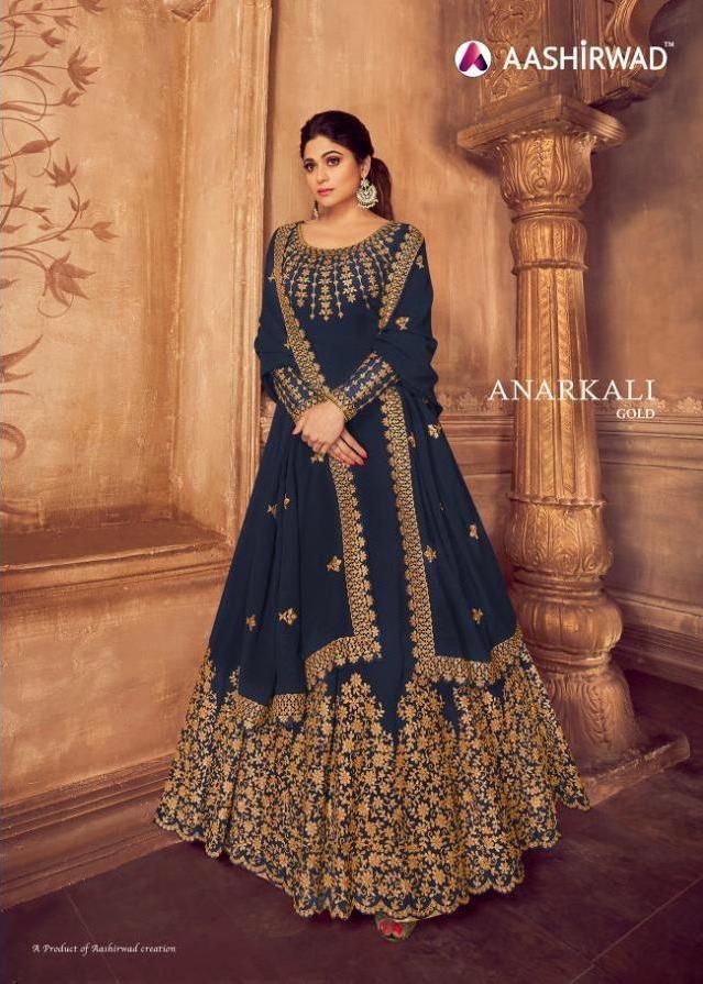 Aashirwad Anarkali Gold Georgette Embroidery Exclusive Salwar Kameez