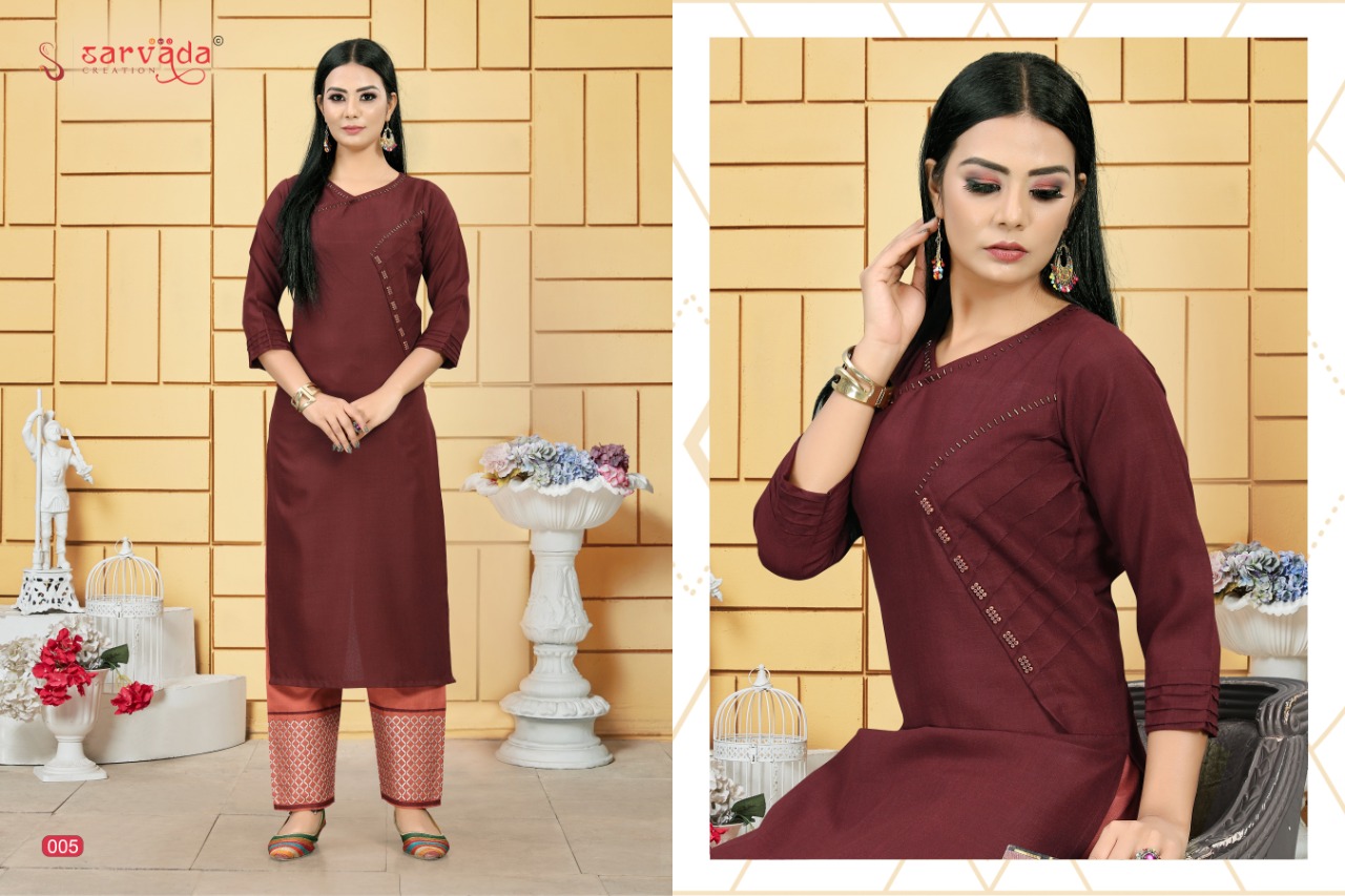 Sarvada Chahat Slub With Handwork Top And Pant Collection