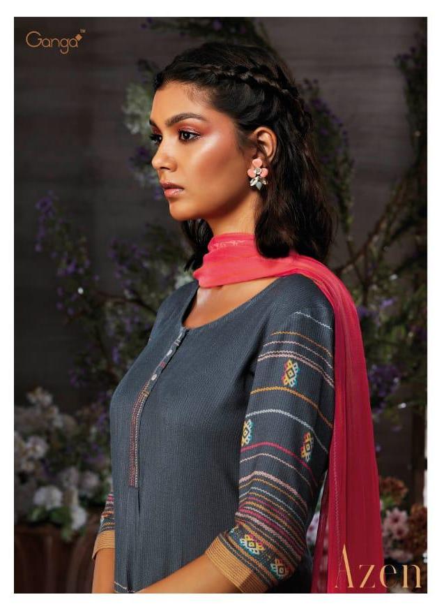 Ganga Azen Cotton Satin Print With Embroidery Salwar Suit Designs