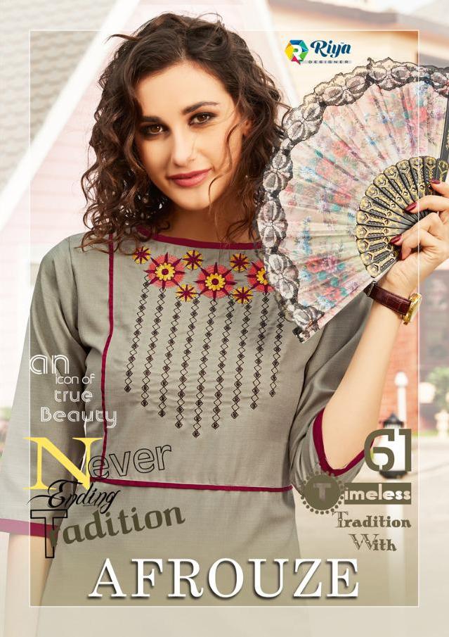 Riya Designer Afrouze Slub Embroidery Cheap Rated Kurti Wholesaler