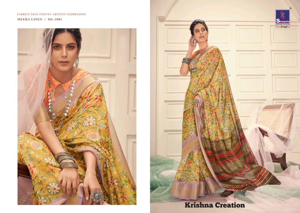 Meera Linen By Shangrila Jacquard Linen Digital Printed Designer Saree