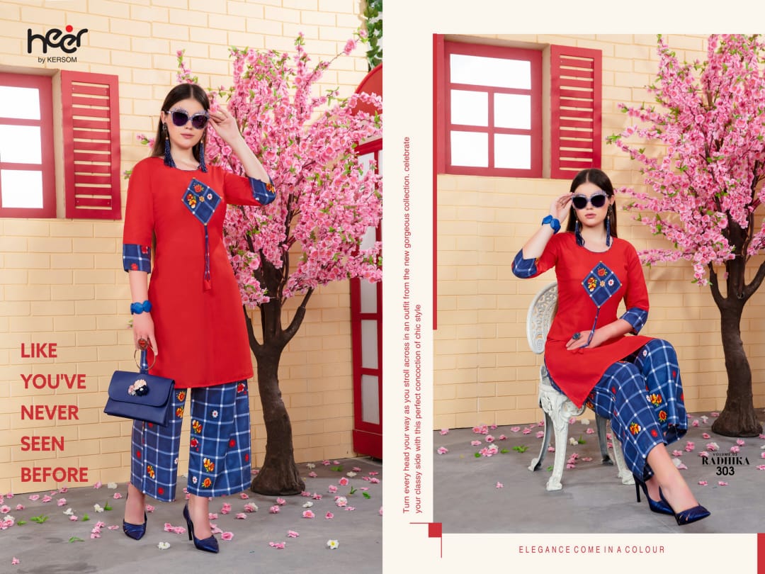 Heer Present Radhika Vol 5 By Kesrom Cotton Rayon Top With Palazzo