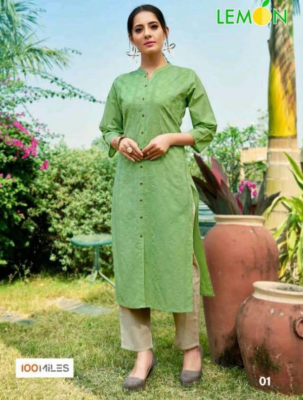 100 Miles Lemon Cotton Work Fancy Kurtis