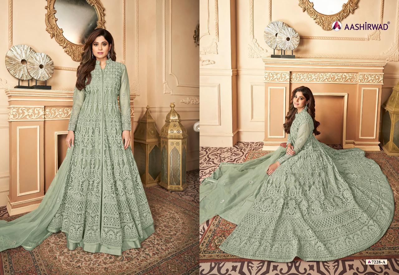 Aashirwad Navika Series 7228 Premium Net Long Gown Style Suits