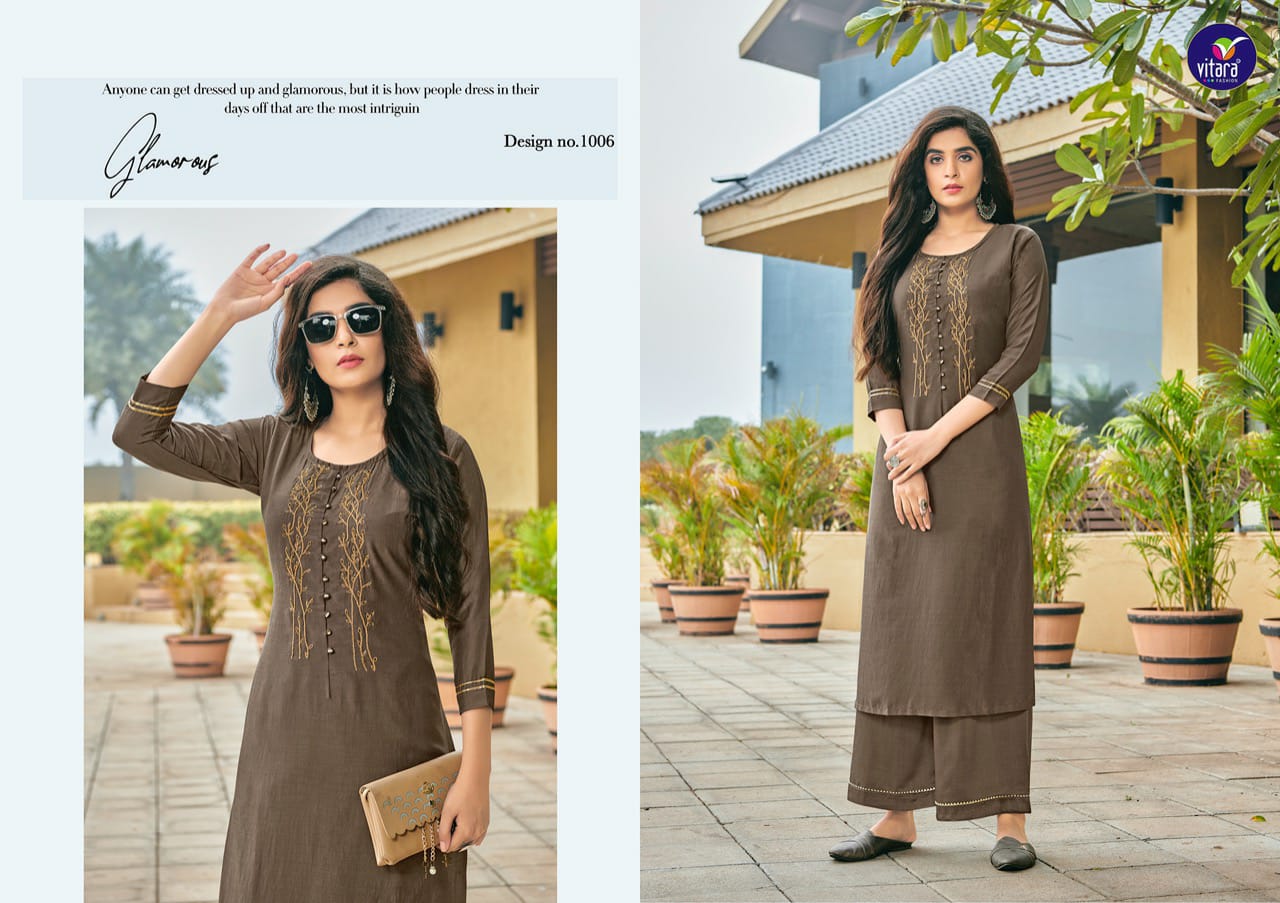 Vitara Fashion Platinum Heavy Chinon Work Exclusive Kurti With Plazzo Set