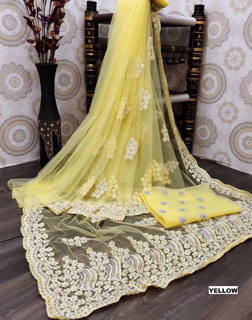 Code-oye Women Designer Full Saree Of Heavy Mono Nylon Net With Heavy Embroidery Work