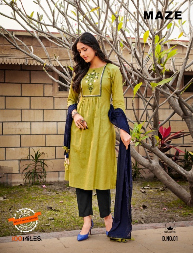 100 Miles Maze Series 01-04 Cotton Readymade Kurti Pant With Dupatta