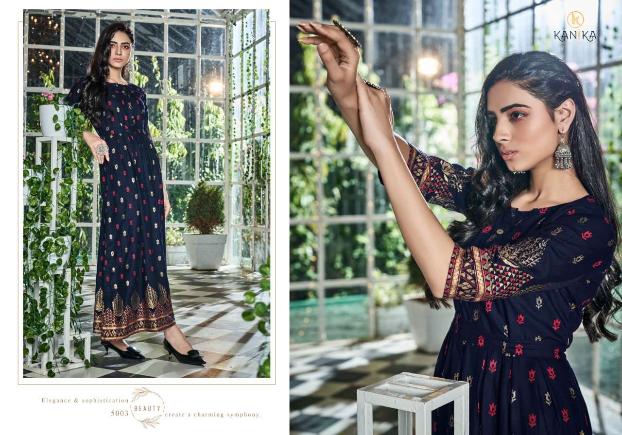 Kanika Present Aarohi Rayon Gold Foil Printed Flared Kurti Supplier