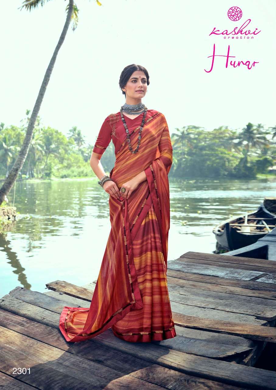 Kashvi Creation Hunar Moss Chiffon Printed Saree Supplier