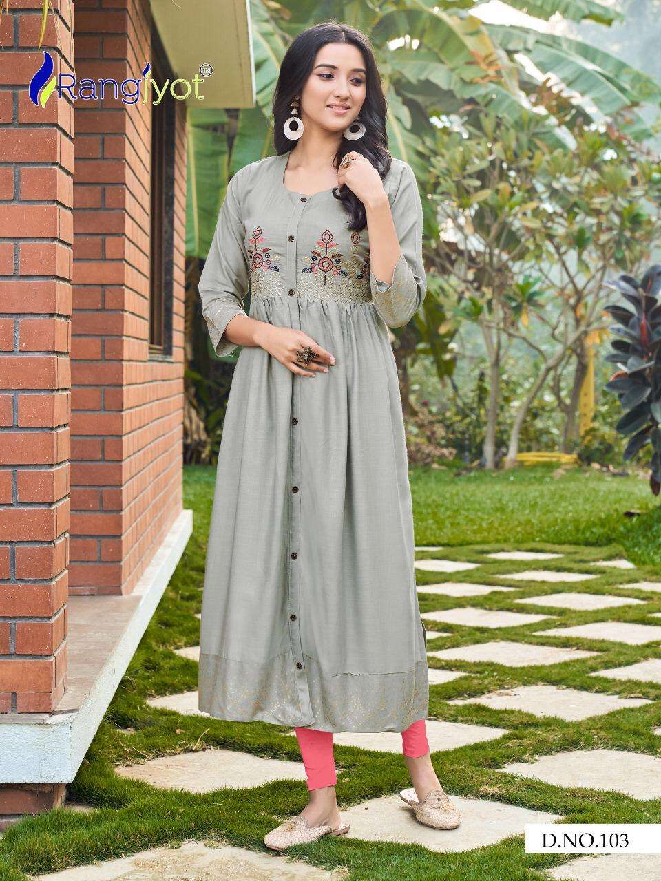 Gracia By Rangjyot Rayon Gold Printed Zari Work Fancy Ladies Kurtis