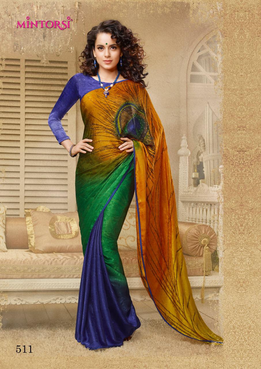 Mintorsi Designer Hand Print Silk Crape Jacquard Peacock Saree