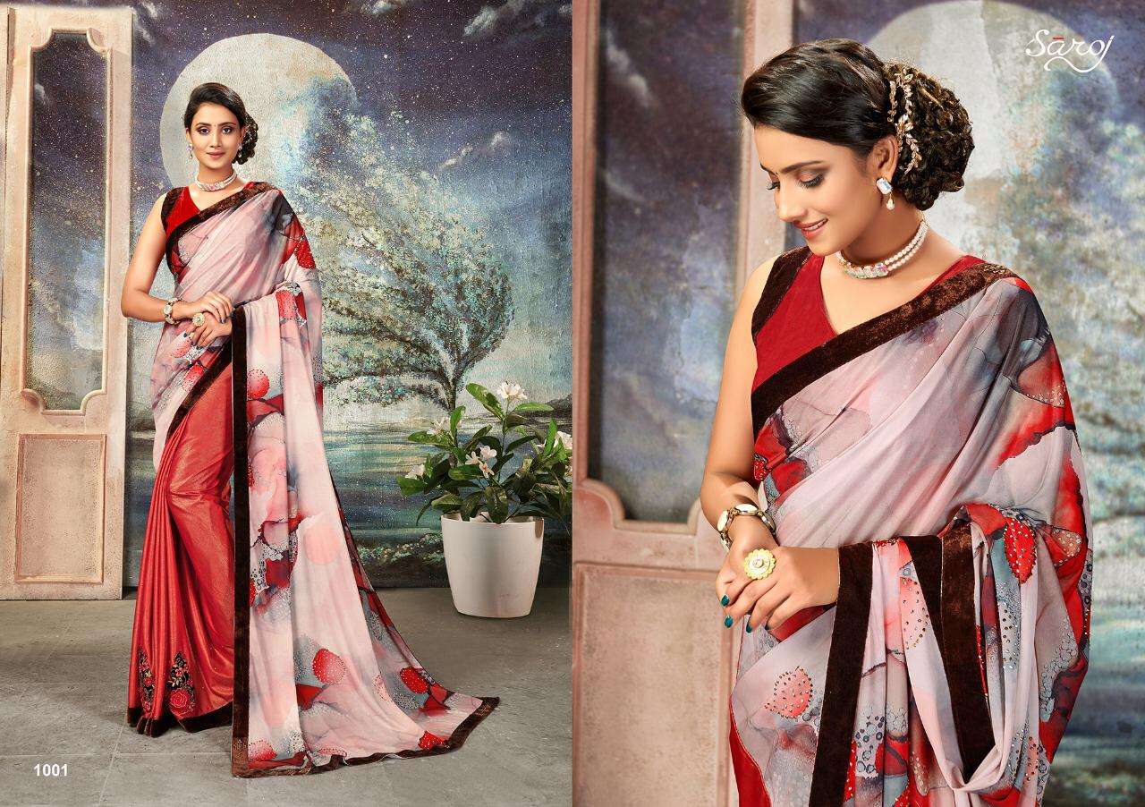 Saroj Moon Light Series 1001-1008 Lycra With Satin Half Half Print Saree