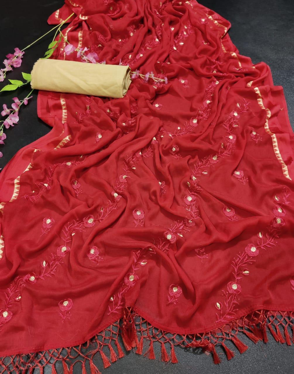 Bt-11 Printed Non Catlogue Chiffon Viscose Saree With Embroidery Work