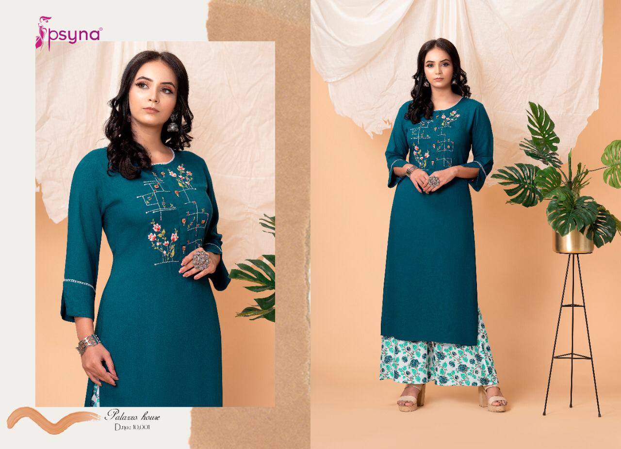 Palazzo House Vol 10 By Psyna Rayon Stylish Long Top With Plazzo Wholesaler