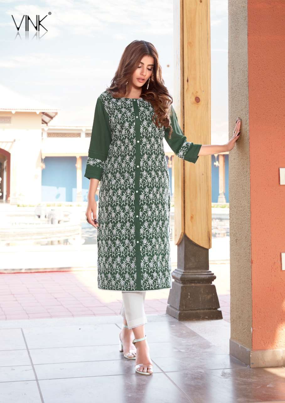 Lucknowi Vol 5 By Vink Rayon Schiffli Work Kurti With Pant Pair