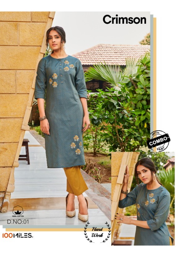 100 Milles Crimson With Bottom Combo Cotton Catchy Look Kurti With Pant Catalog