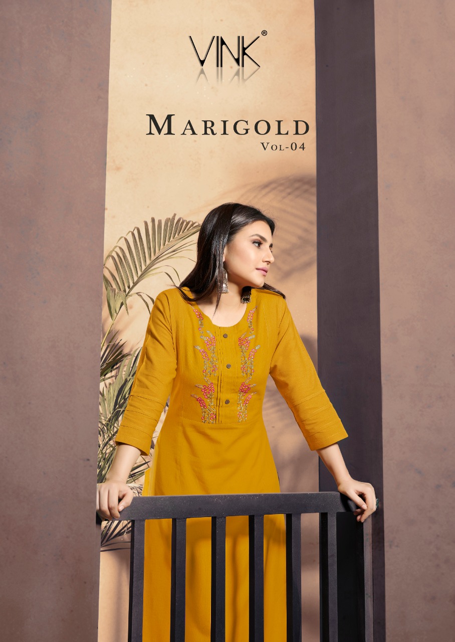 Vink Marigold 4 Linen Cotton Handwork Decent Look Kurti With Plazzo Catalog