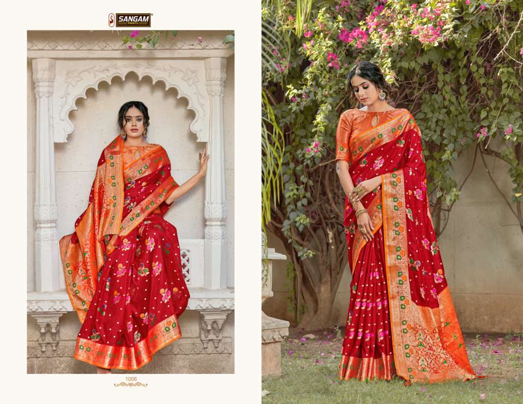 Sangam Prints Shreelekha Zari Weaving Fancy Silk Saris Wholesaler