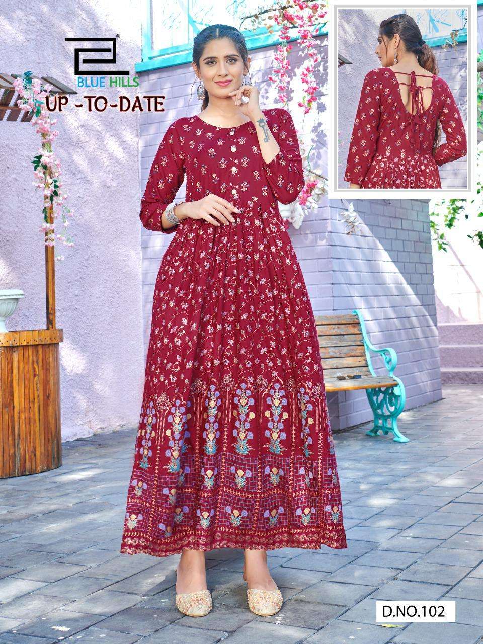 Up To Date By Blue Hills Rayon Long Gown Big Size Kurti Collection