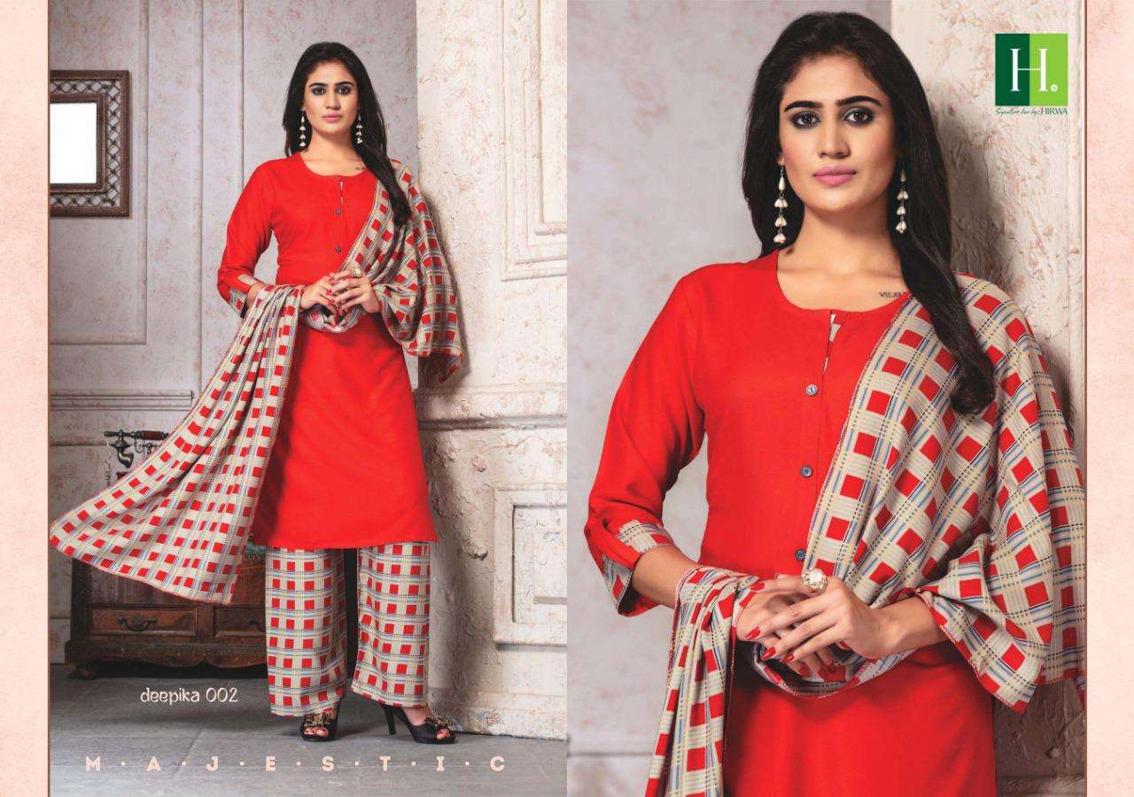 Hirwa Deepika Series 001-006 Heavy Rayon Readymade Suit