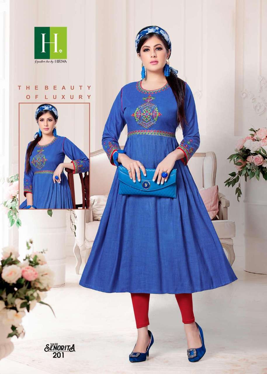 Hirwa Senorita Vol-2 Series 201-206 Rayon Embroidery Anarkali Kurtis