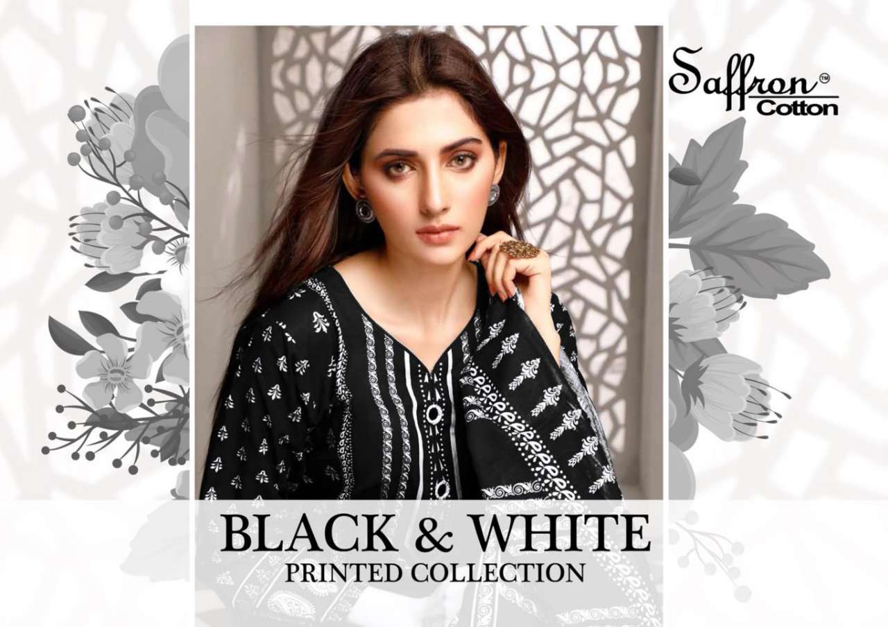 Saffron Cotton Black & White Printed Pakistani Dress Materials