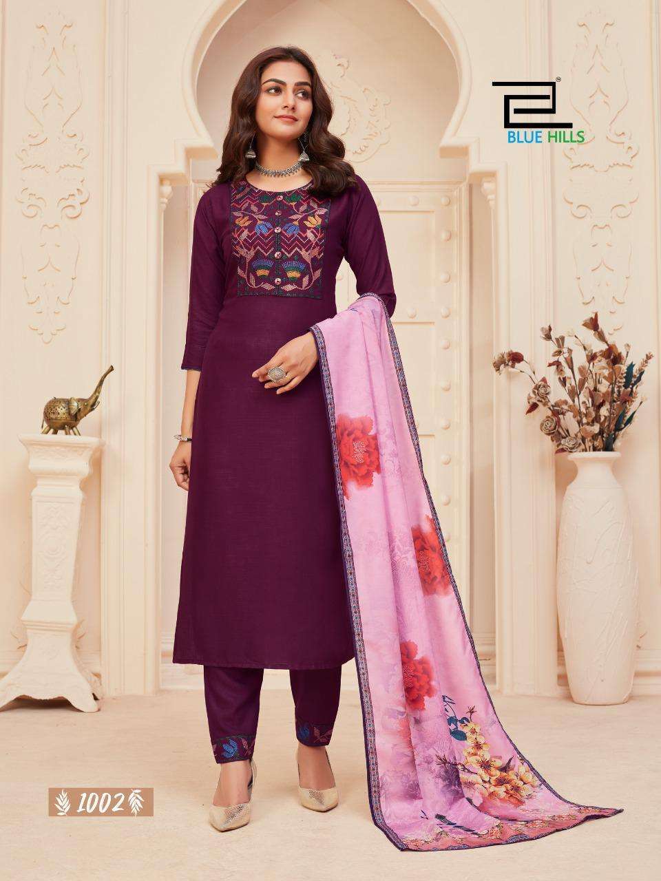 Blue Hills Dupatta Queen Vol-1 Series 1001-1008 Rayon Slub Readymade Suit