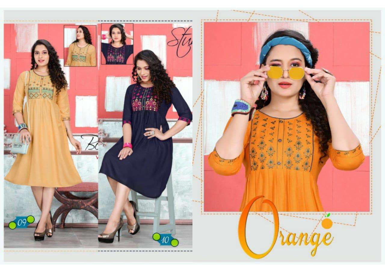 Orange By Fashion Talk 01 To 10 Series Heavy Rayon Embroidered Kurtis At Wholesale Price