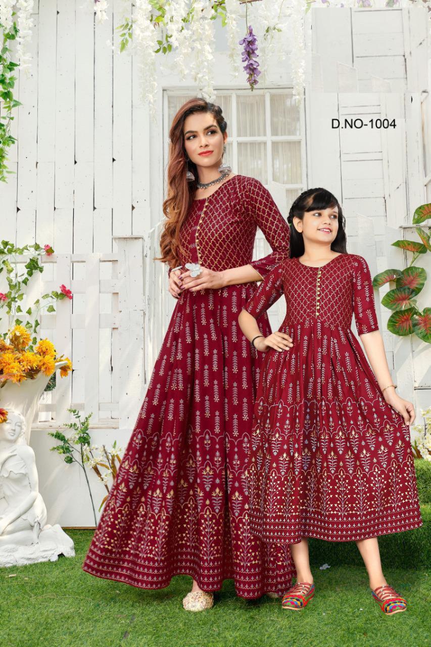 Shaheen Designer Heavy Rayon Print Mom And Daughter Twining Long Gown