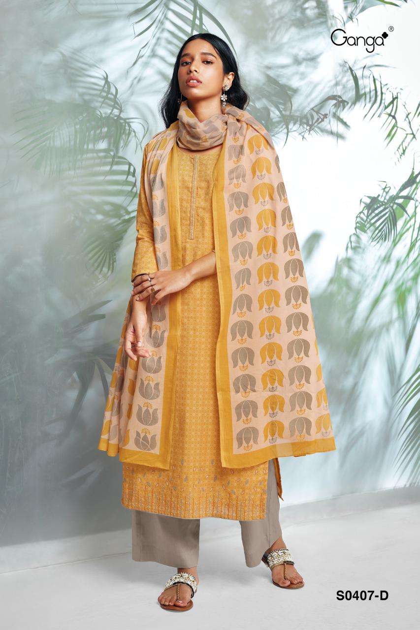 Ganga Fashion Hana-407 Superior Cotton Print With Embroidery Work Suit