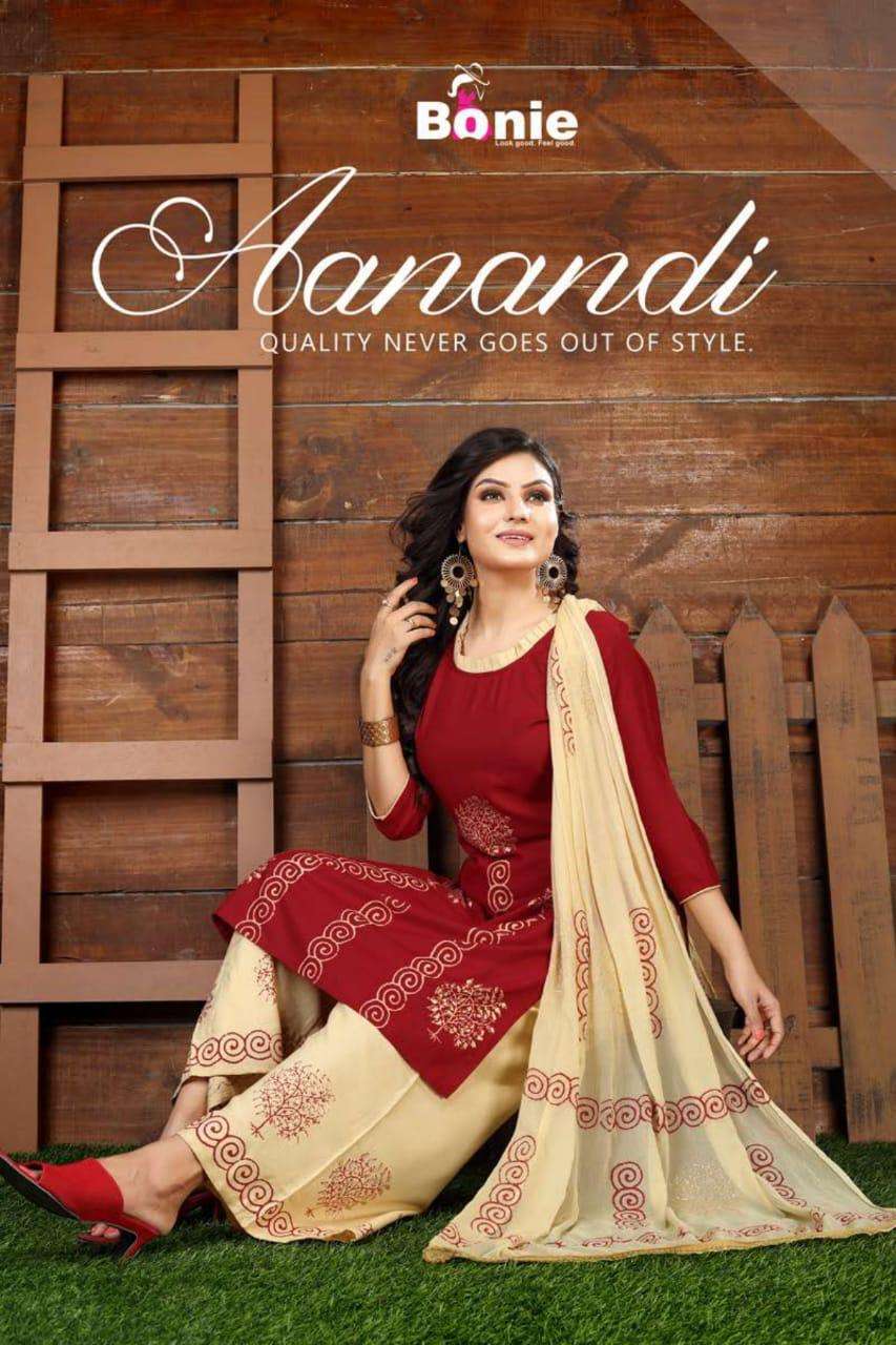 Aanandi Vol.1 By Bonie Heavy Rayon With Gold Print Readymade Suit