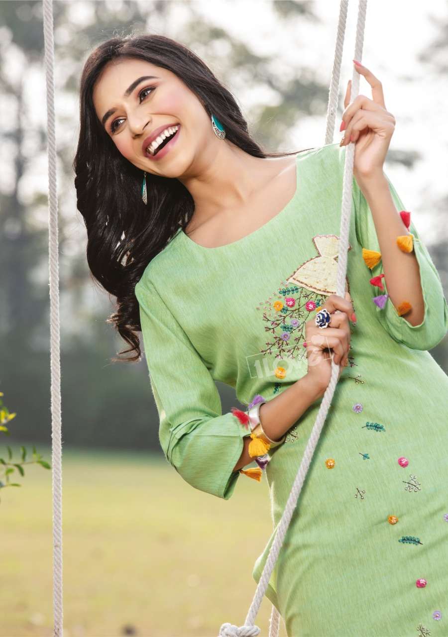 1love By S4u Present Cotton Candy Rayon Slub Embroidery Classy Look Kurtas