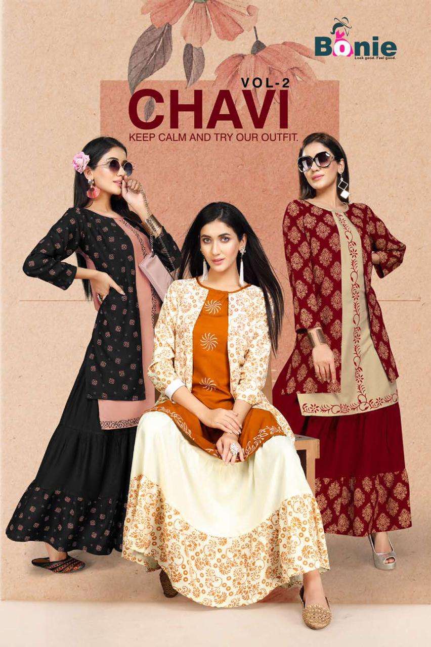 Chavi 2 By Bonie Heavy Rayon Kurti With Skirt Catalog