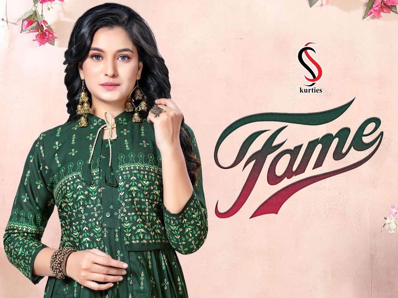 Flame By Ss Kurtis Heavy Rayon Top With Jacket Gold Foil Pring Long Kurti