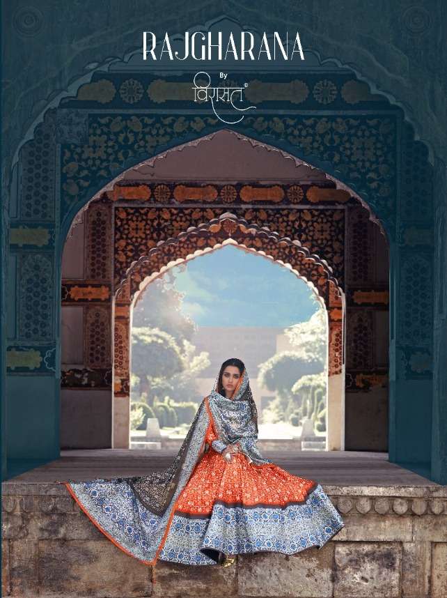 Rajgharana By Virasat Silk Ajrakh Print Long Party Wear Gown With Dupatta