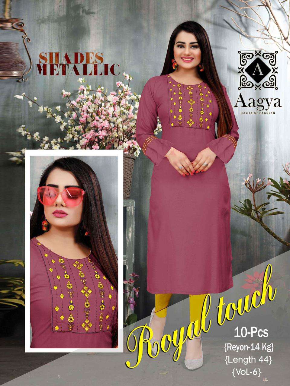 Aagya New Royal Touch Vol-6 Series 001-010 Heavy Rayon With Work Kurti