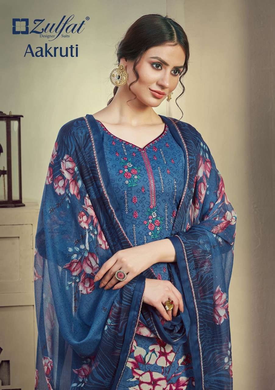 Zulfat Aakruti Series 315001-315010 Cotton Print With Embroidery Suit