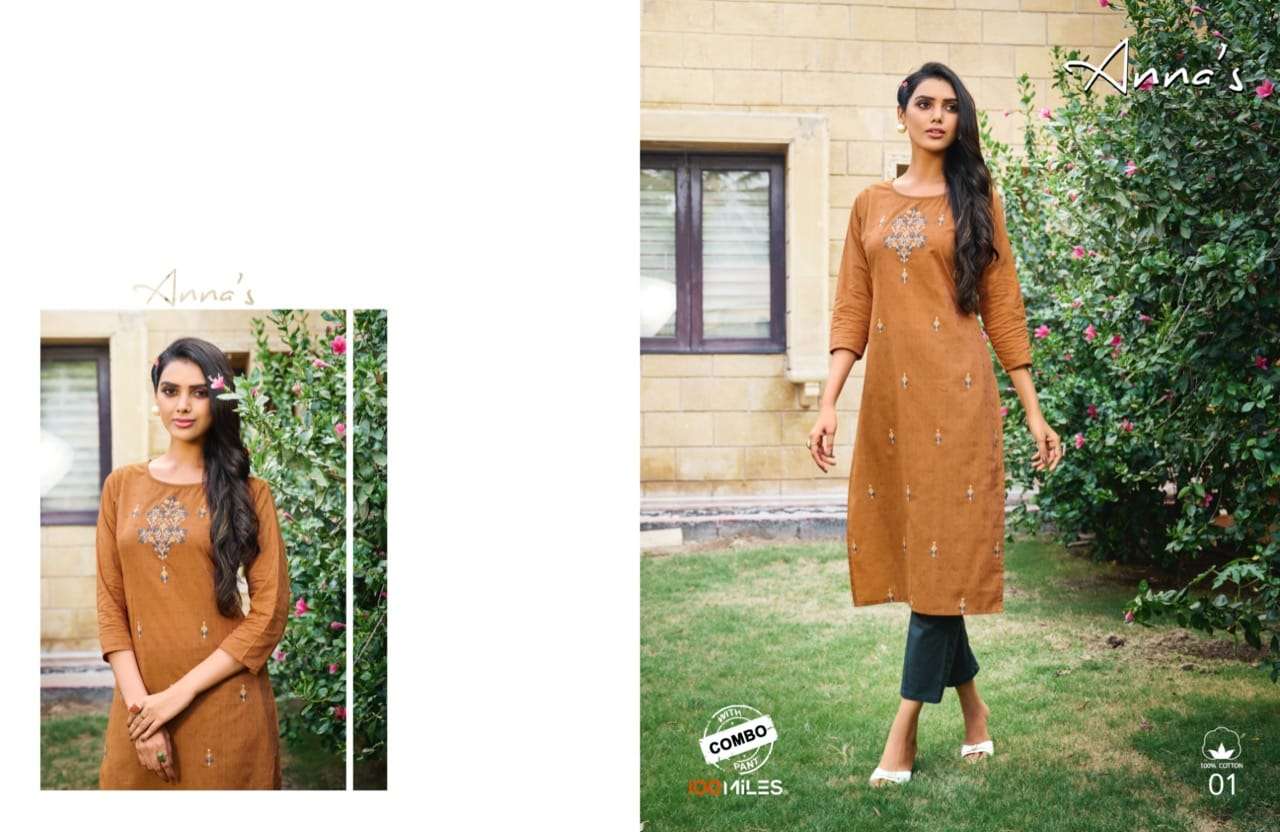 100 Miles Annas Series 01-04 Cotton Kurti With Pant