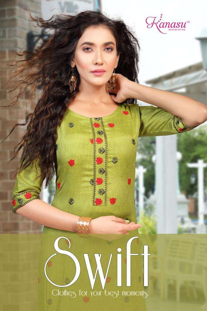 Swift By Kanasu Heavy Rayon Liqvid With Computer Kasab Work Pattern Kurti Catalog