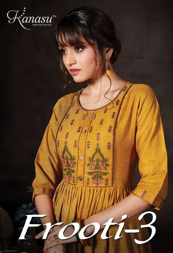 Frooti Vol.3 By Kanasu Heavy Rayon With Lair With Work Pattern Kurti Catalog