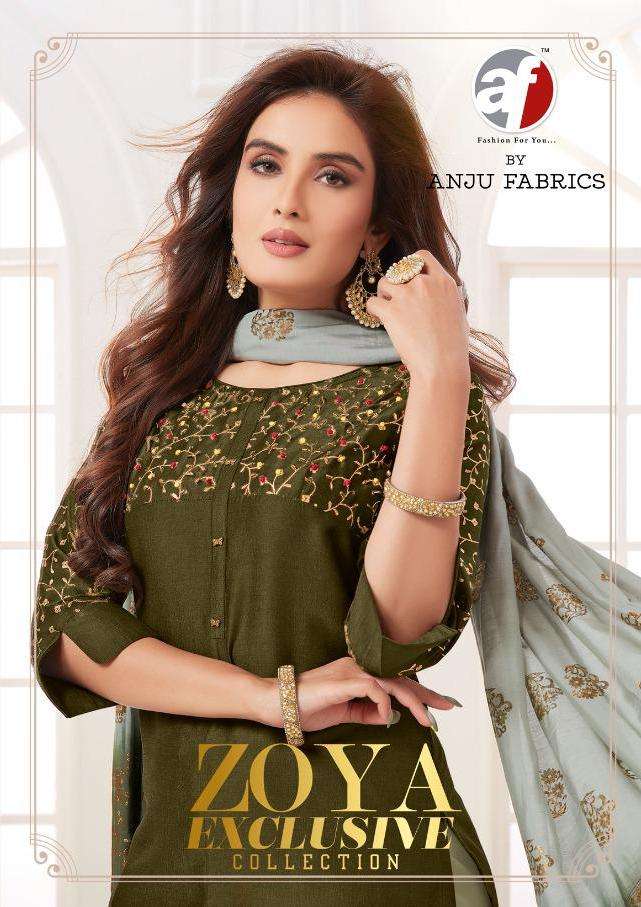 Anju Fab Zoya Exclusive Bemberg Silk Full Stitch Kurti Plazzo With Dupatta Supplier