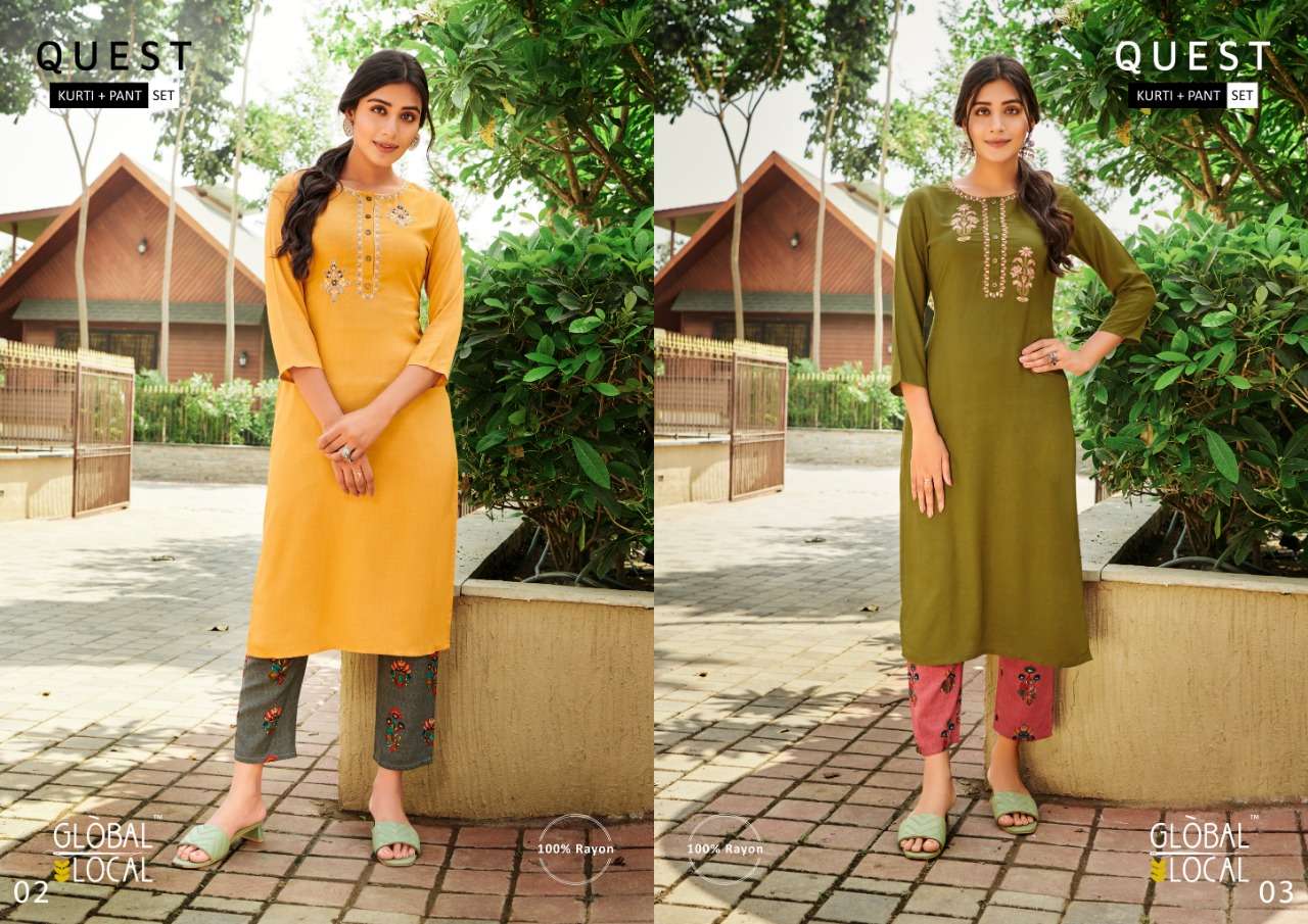 Quest By 100 Miles Rayon Embroidery Kurti With Pant Combo Set