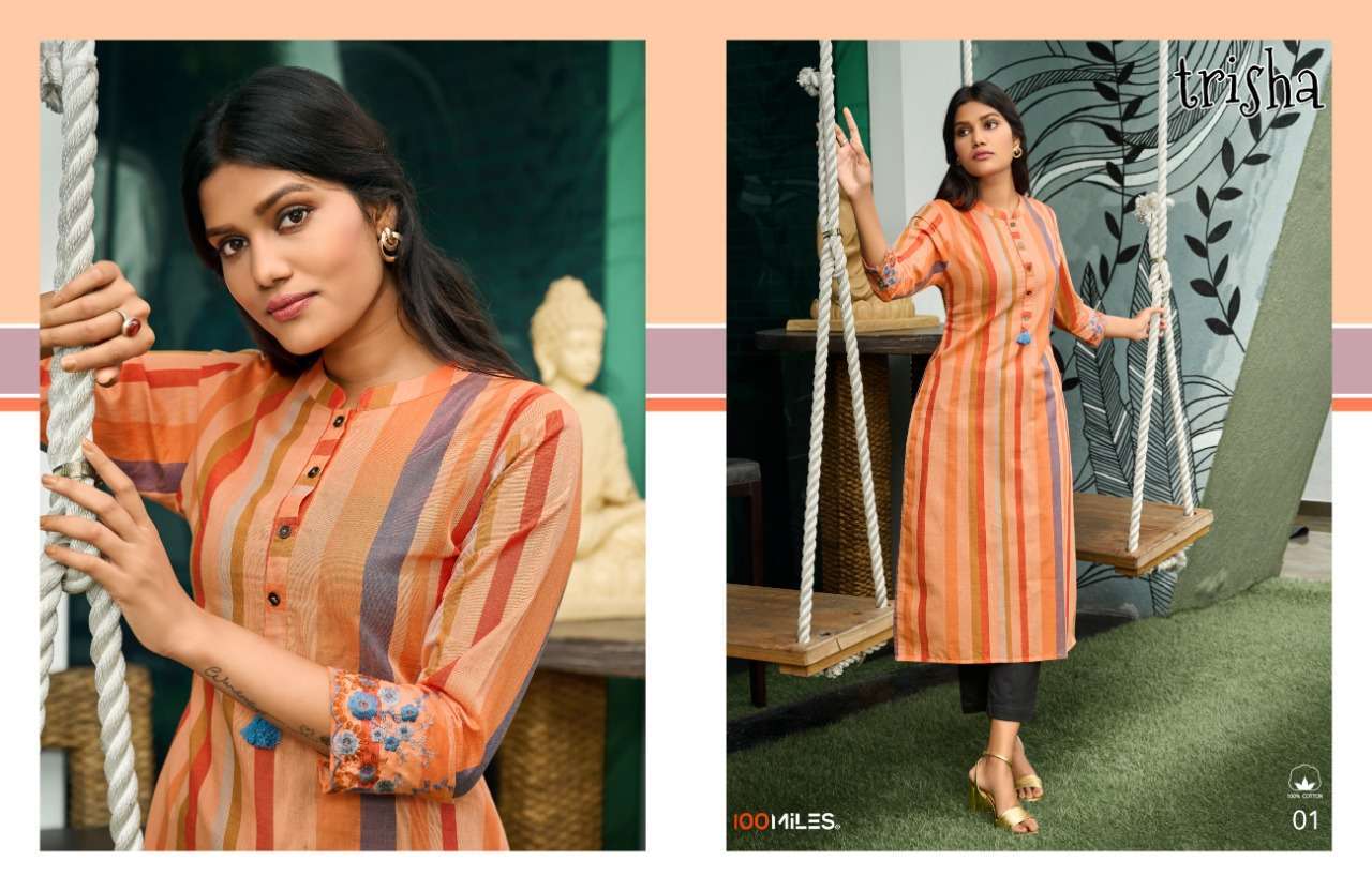 100 MILES TRISHA PURE COTTON EMBROIDERY KURTIS WHOLESALE