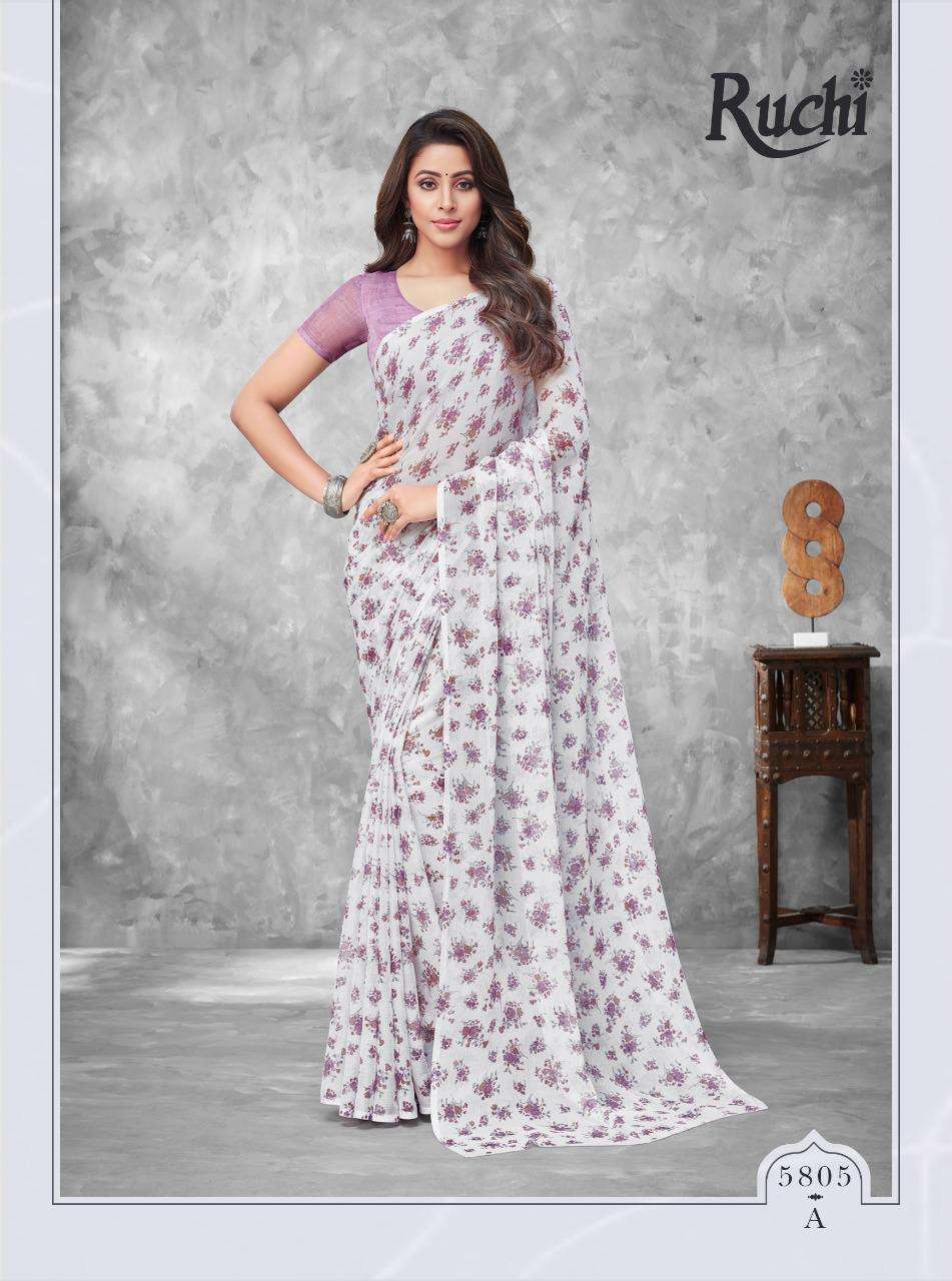 Ruchi Kesariya Chiffon Vol-58 Series 5801-5805 White Colours Printed Saree