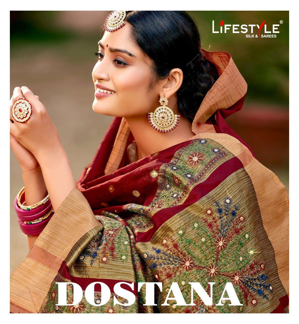 Dostana By Lifestyle Crystal Silk Embroidery Fancy Sarees