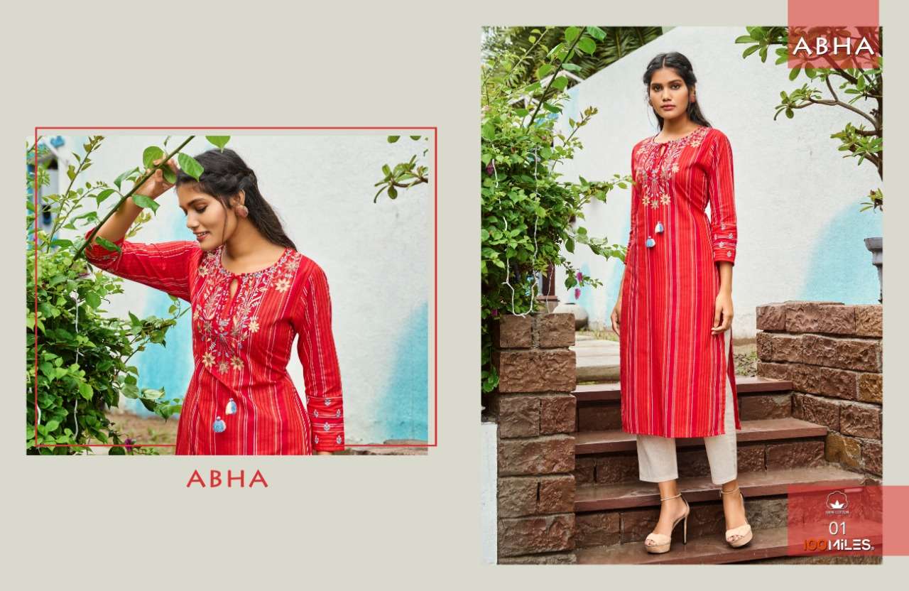 100 Miles Abha Series 01-04 Cotton Embroidery Elegant Kurtis