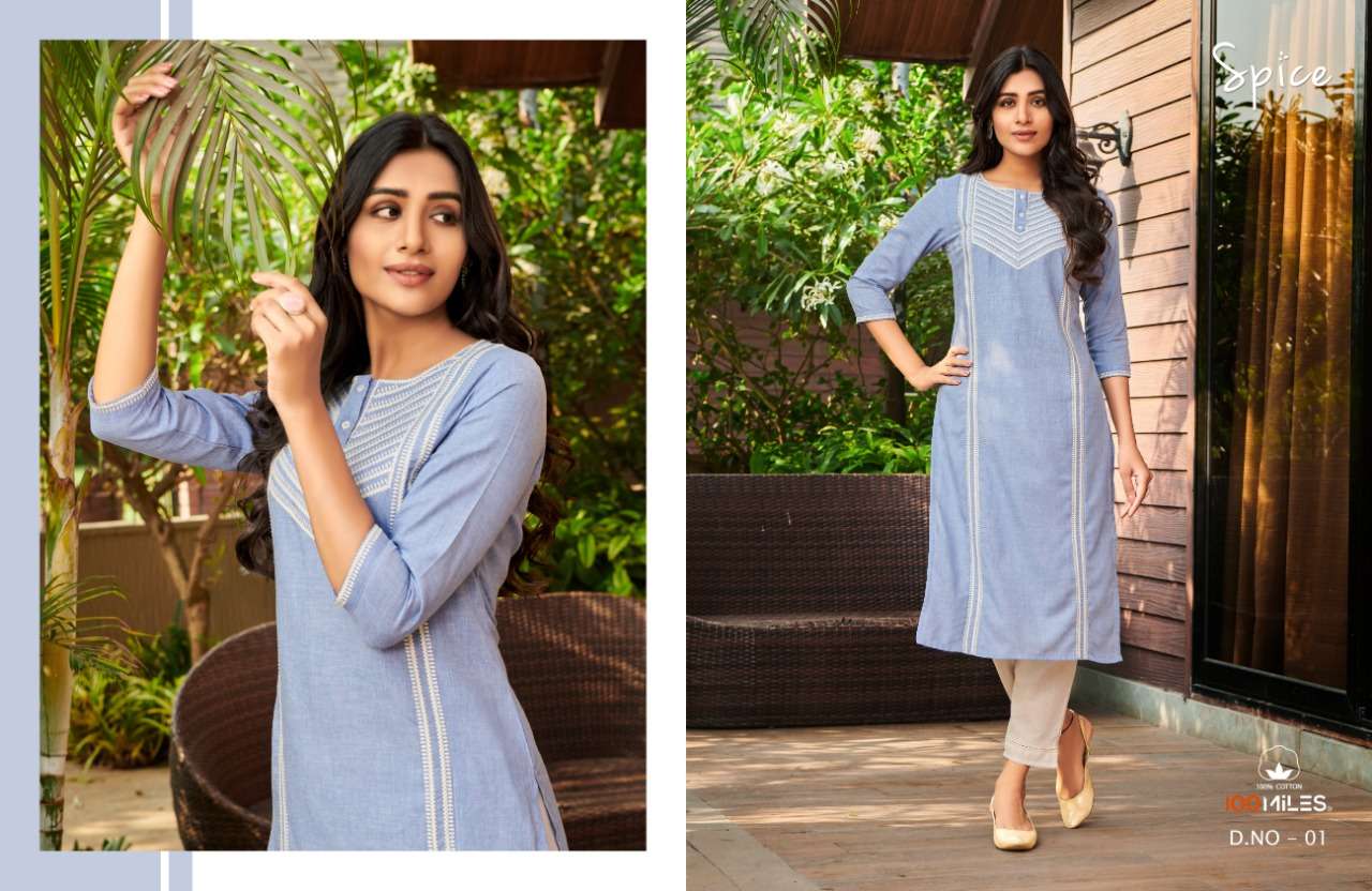 100 Miles Spice Linen Cotton Fancy Work Kurtis Wholesaler