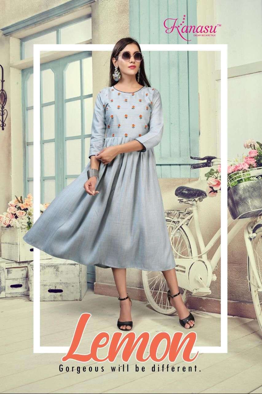 Lemon By Kanasu Reyon Heavy Multi Flair With Embroidery Pattern Kurti Catalog Wholesaler Best Rate