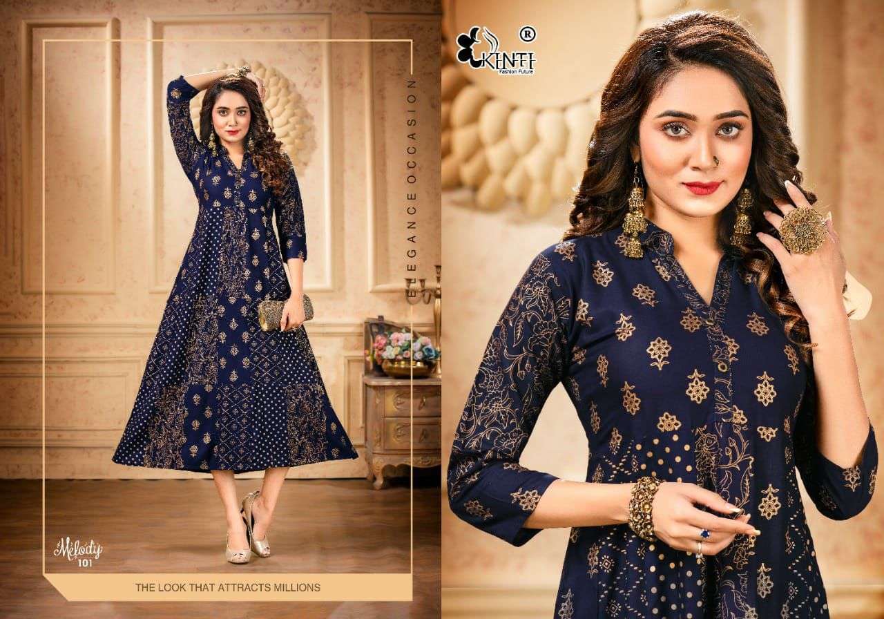 KINTI MELODY RAYON KALI STYLE FANCY KURTIS WHOLESALERS IN SURAT