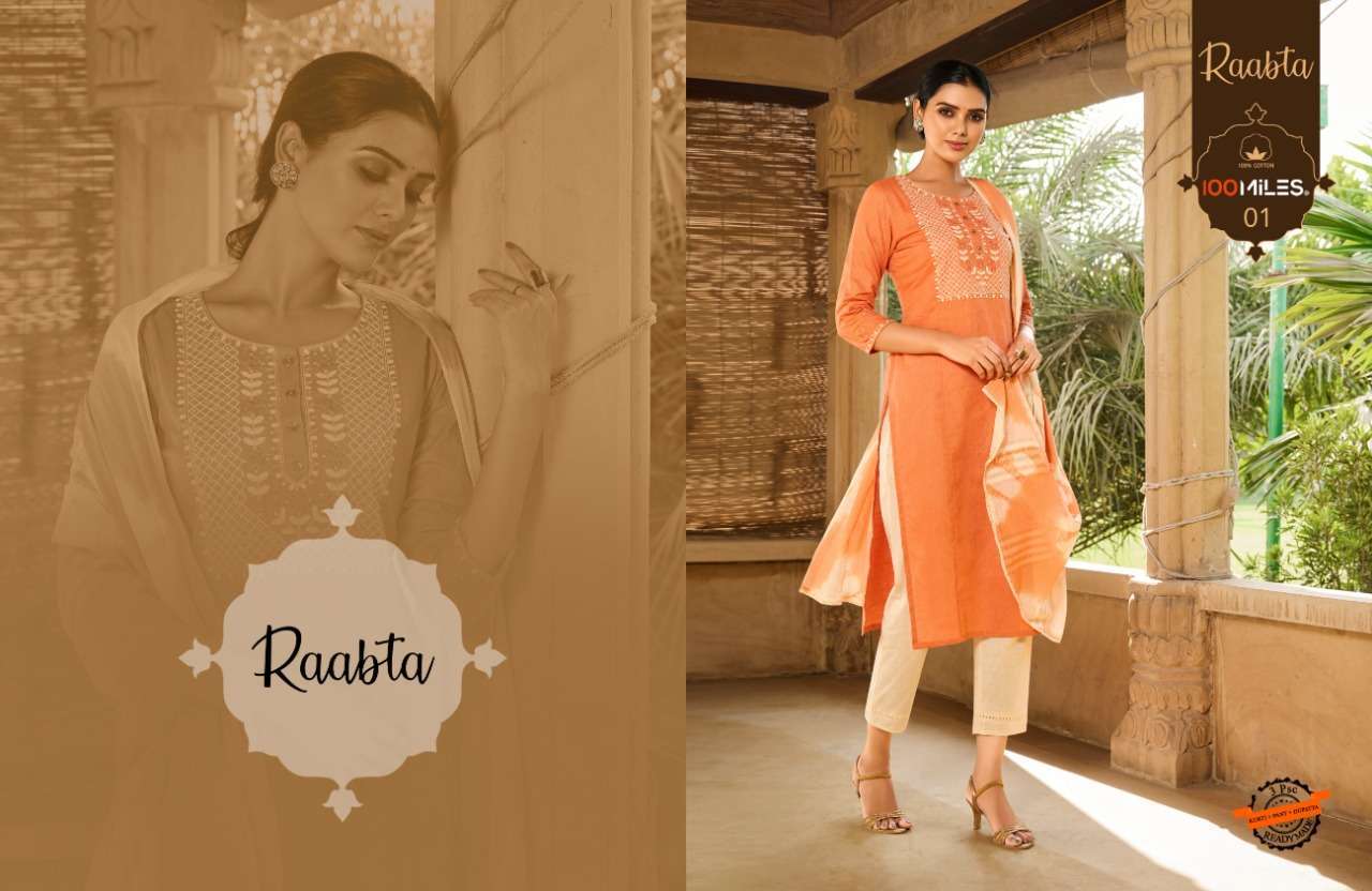 RAABTA BY 100 MILES COTTON WORK READYMADE KURTI PANT WITH DUPATTA